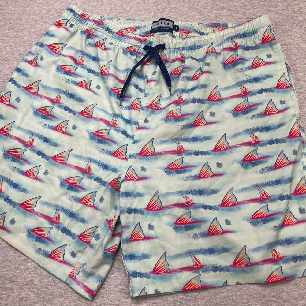 Burlebo Swim Trunks Mens L Shark Fin Print Aqua Blue Pink Stretch Drawstring 6"